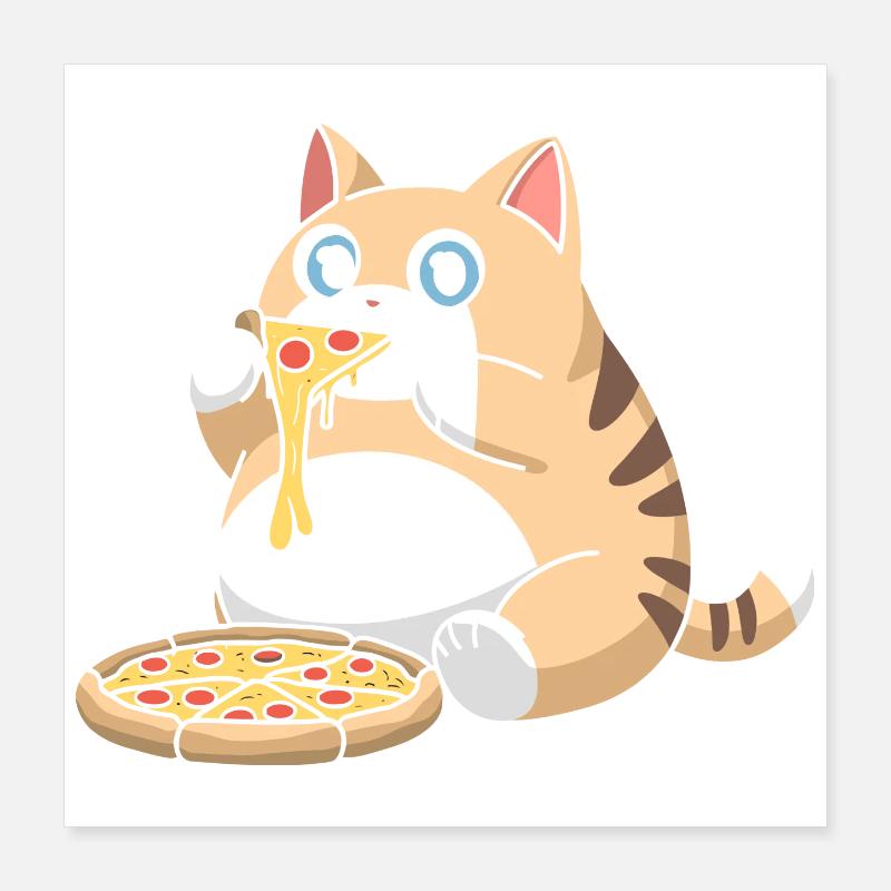 Cute Chubby Cat Eating Pizza Poster 16" x 16" (40x40 cm)
