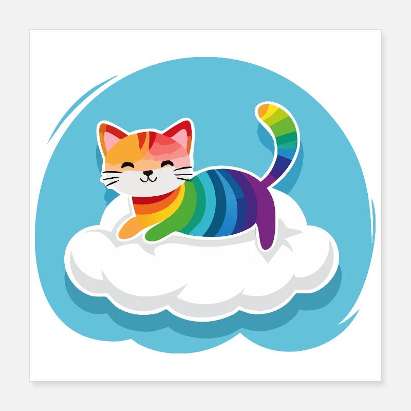 Kunterbunte Katze schwebt auf Wolke (Tag) Poster 40x40 cm