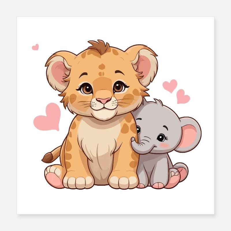 Bébé lion et bébé éléphant – Motif de l’amitié douce Poster 40 x 40 cm