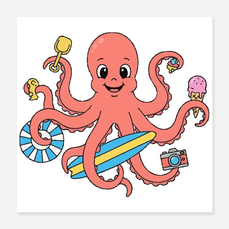 Pieuvre d’été avec surf et accessoires Poster 40 x 40 cm