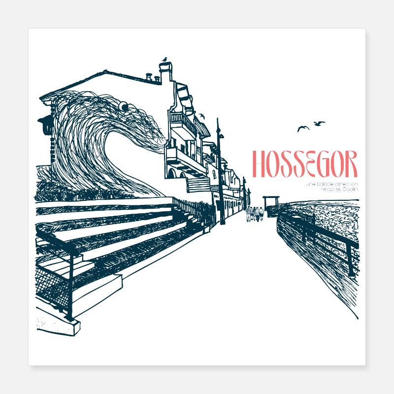 Hossegor Atlantic Coast – Hand-Drawn Wave Poster 16" x 16" (40x40 cm)