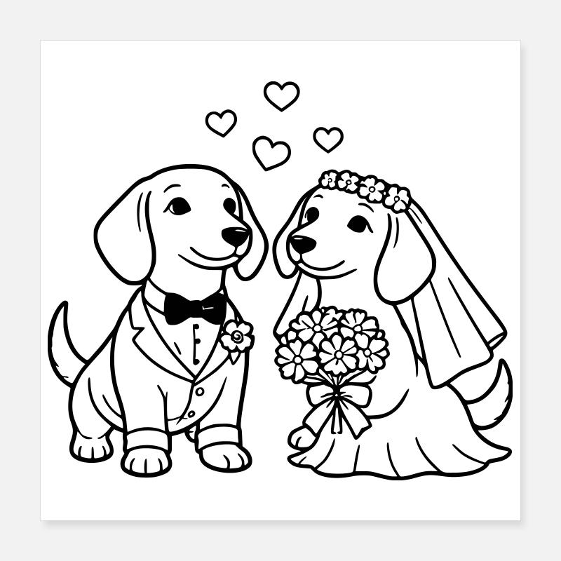 Hochzeit der Dackel Minimalistisch Line Art Poster 40x40 cm