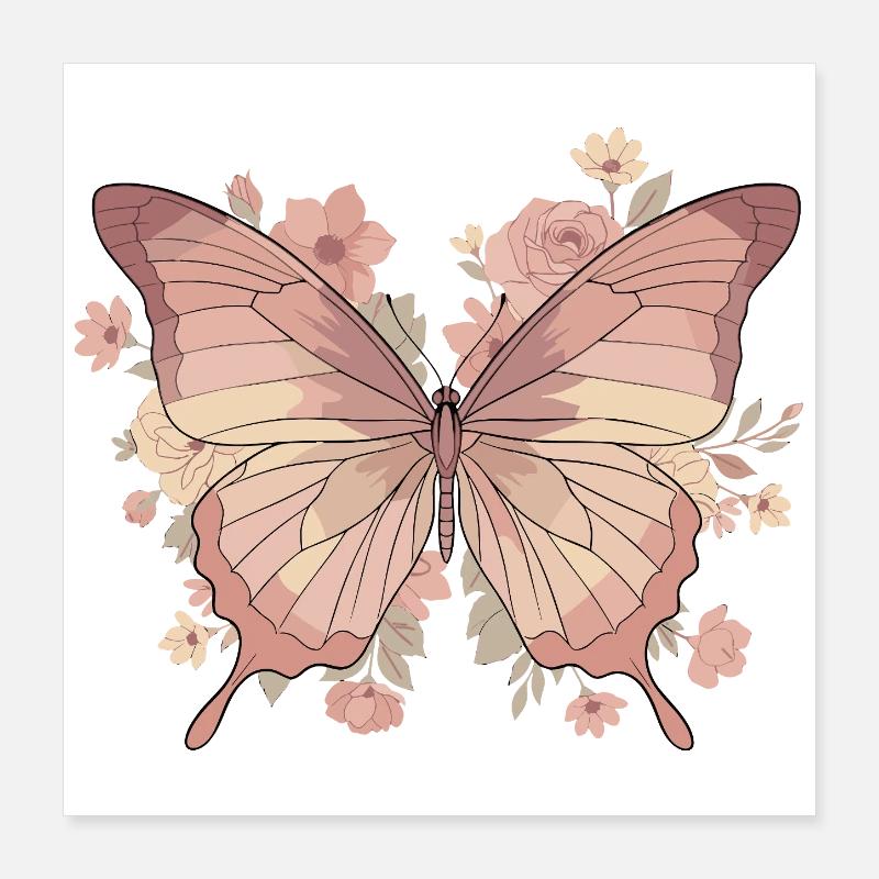 Papillon rose avec des fleurs Poster 40 x 40 cm