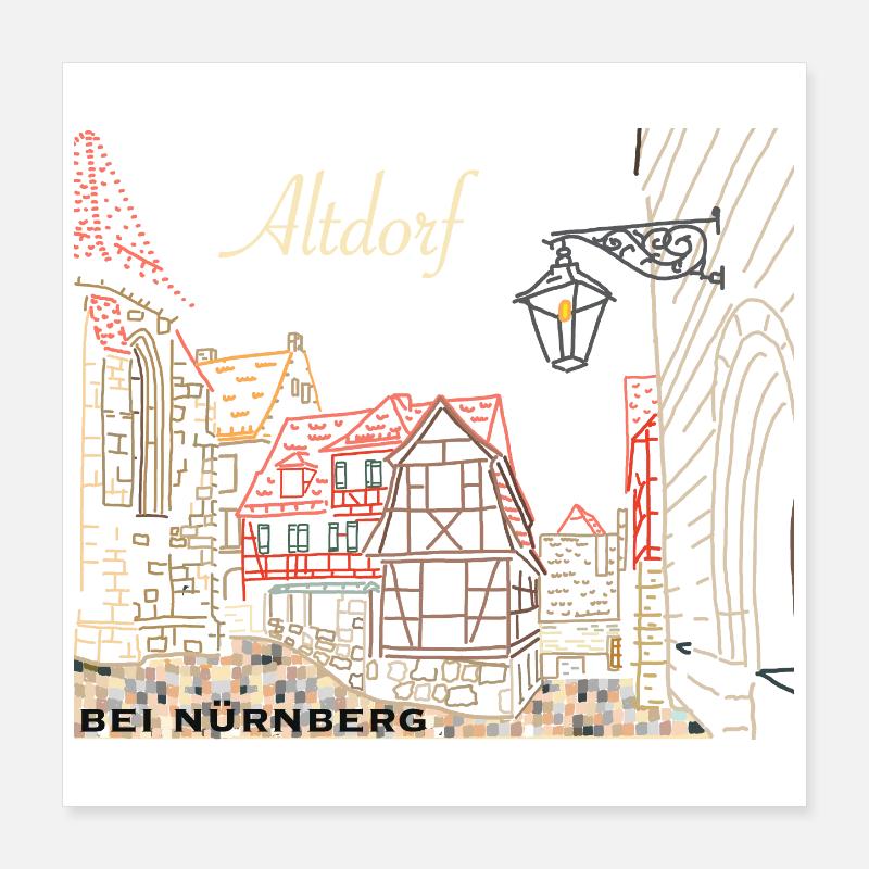 Altdorf près de Nuremberg, colombage, Bavière, dessin Poster 40 x 40 cm
