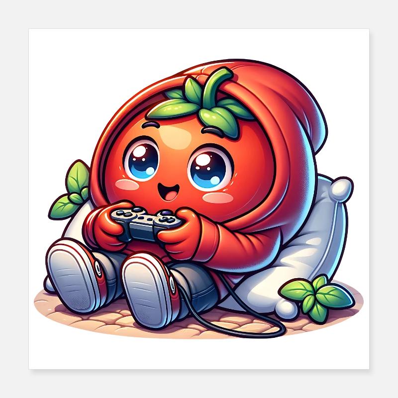 Kawaii Tomate Gamer Mit Controller Chibi Gaming Poster 40x40 cm