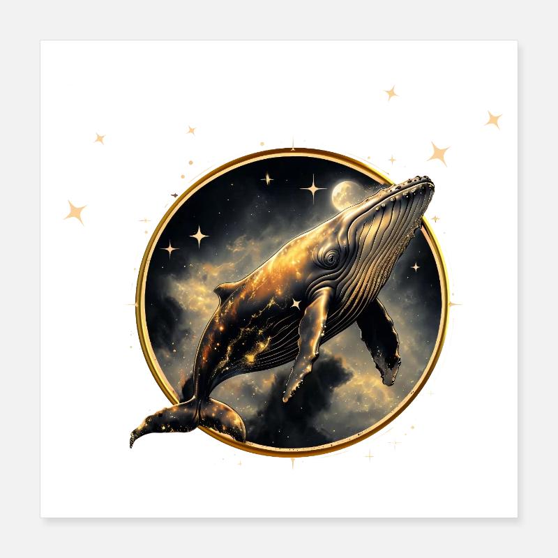 Kosmische Eleganz, der goldene und schwarze Wal Poster 40x40 cm