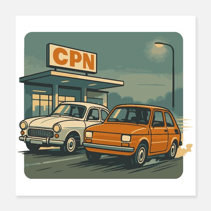 Voitures polonaises rétro à l’ancienne station-service CPN Poster 40 x 40 cm