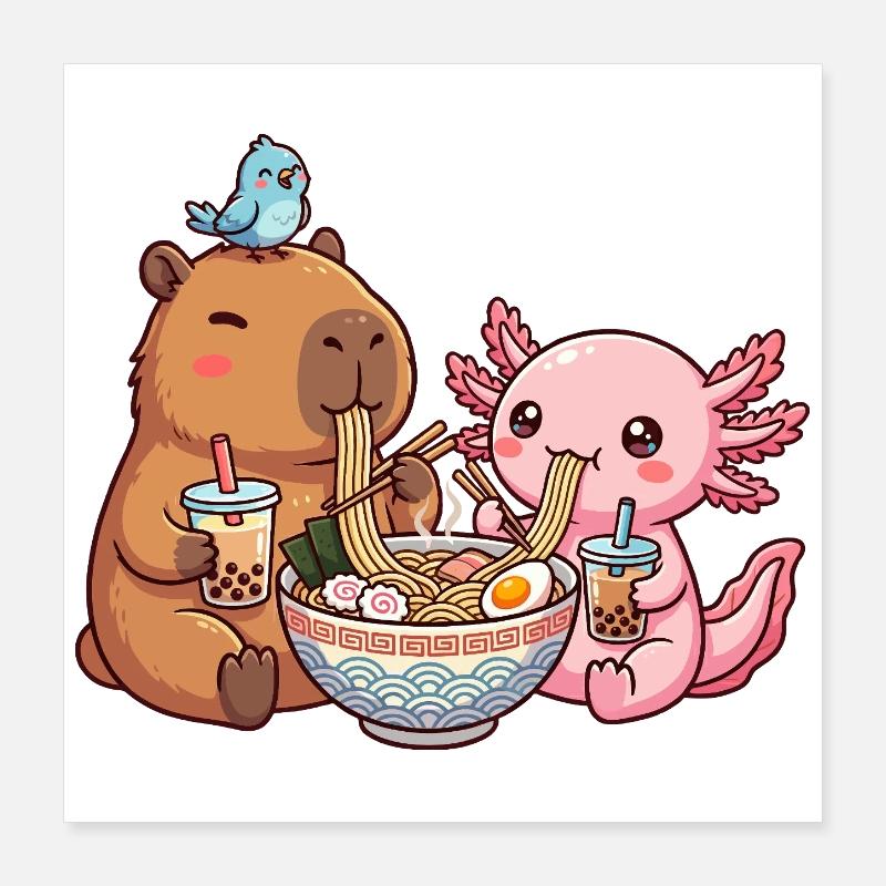 Kawaii Capybara Axolotl Ramen Bubble Tea Poster 40x40 cm
