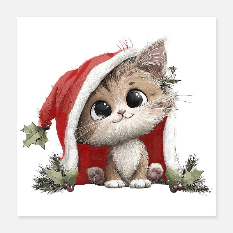 Kitten in Red Christmas Hat Christmas Cat Poster 16" x 16" (40x40 cm)