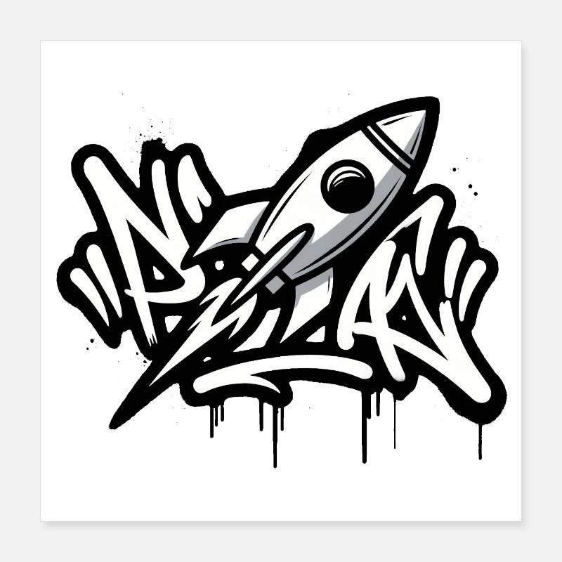 Fusée graffiti en noir et blanc Poster 40 x 40 cm