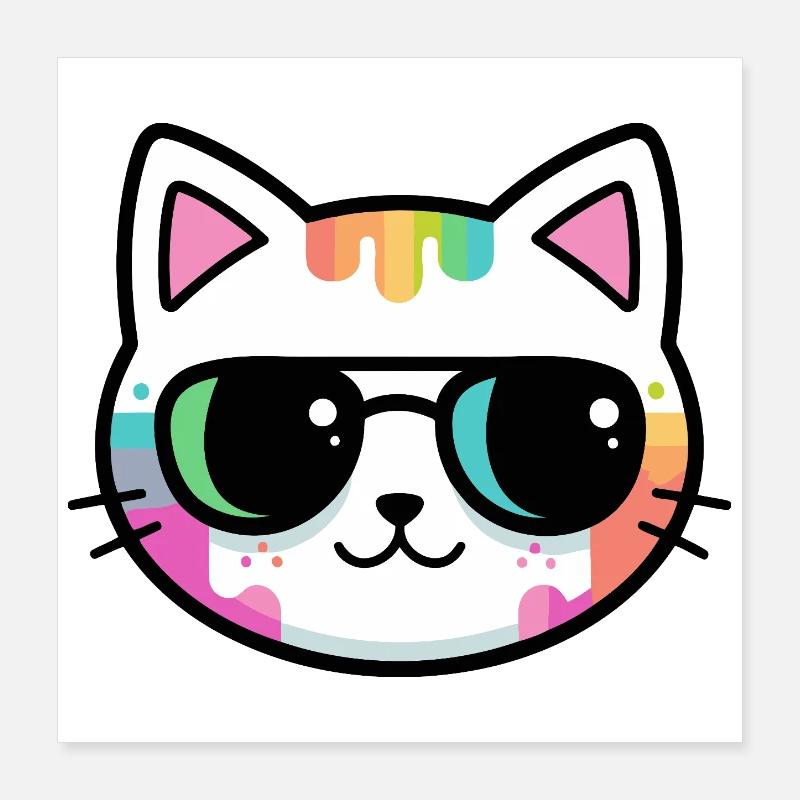 Rainbow Minimalist Cat Black Glasses Poster 16" x 16" (40x40 cm)