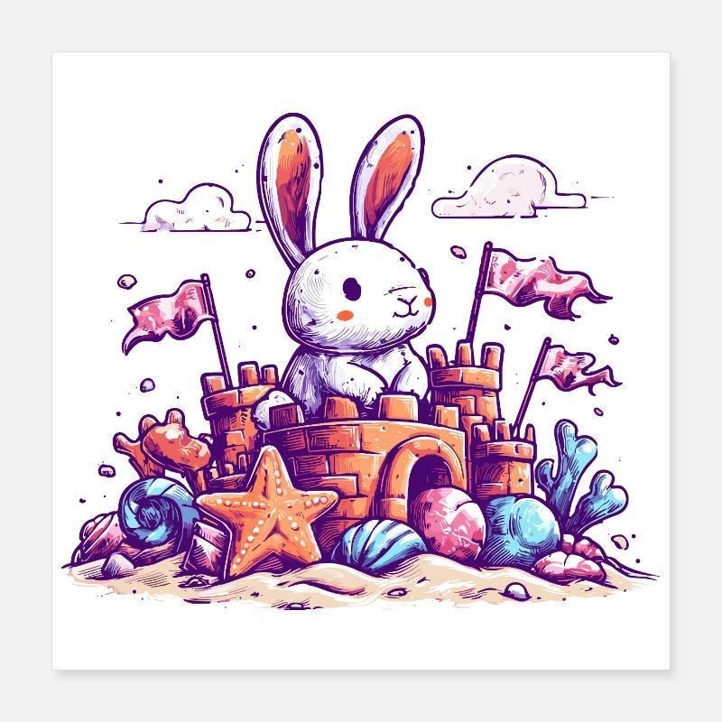 Bunny sur le château de sable de la plage Poster 40 x 40 cm