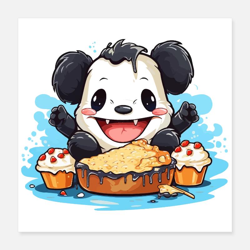 Kawaii Panda with Cake Feast Poster 16" x 16" (40x40 cm)