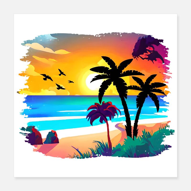 Aquarelle de plage de coucher de soleil d’été Poster 40 x 40 cm