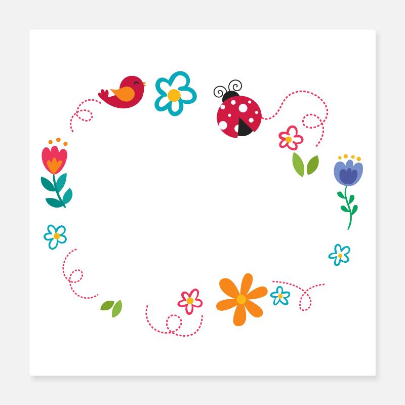 Cadre rond avec fleurs, coccinelle et oiseau Poster 40 x 40 cm