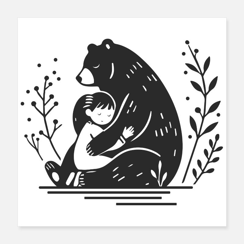 Un enfant étreint affectueusement un ours brun Poster 40 x 40 cm