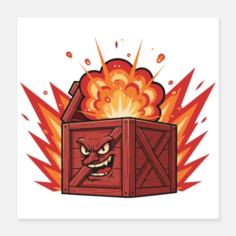 Explodierende Holzkiste mit grimmigem Gesicht Poster 40x40 cm
