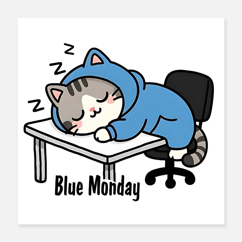 Chat dormant au travail, blue monday Poster 40 x 40 cm