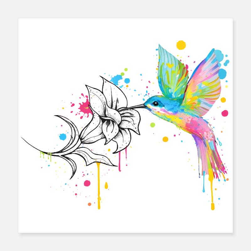 Bunter Kolibri mit Blüte – Graffiti Stil Poster 40x40 cm