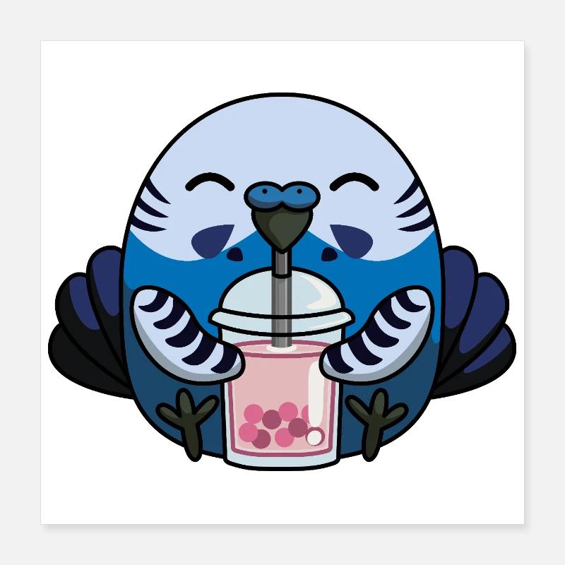 Blauer Wellensittich Vogel mit Bubble Tea Poster 40x40 cm