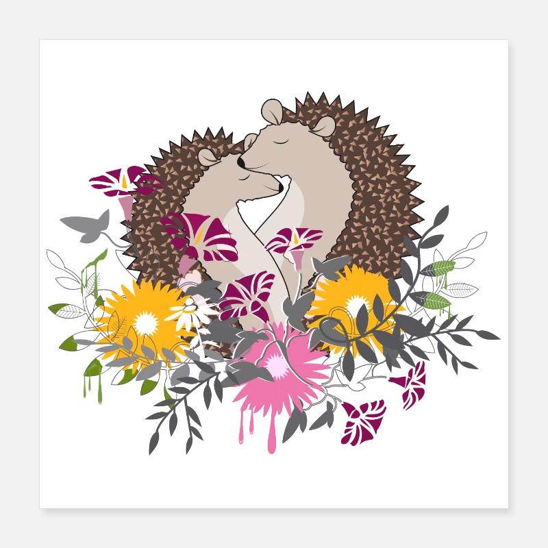 Deux petits hérissons assis ensemble dans le parterre de fleurs Poster 40 x 40 cm