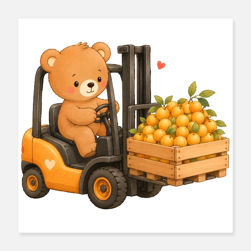 Bär mit Mirabellen auf dem Gabelstapler Poster 40x40 cm