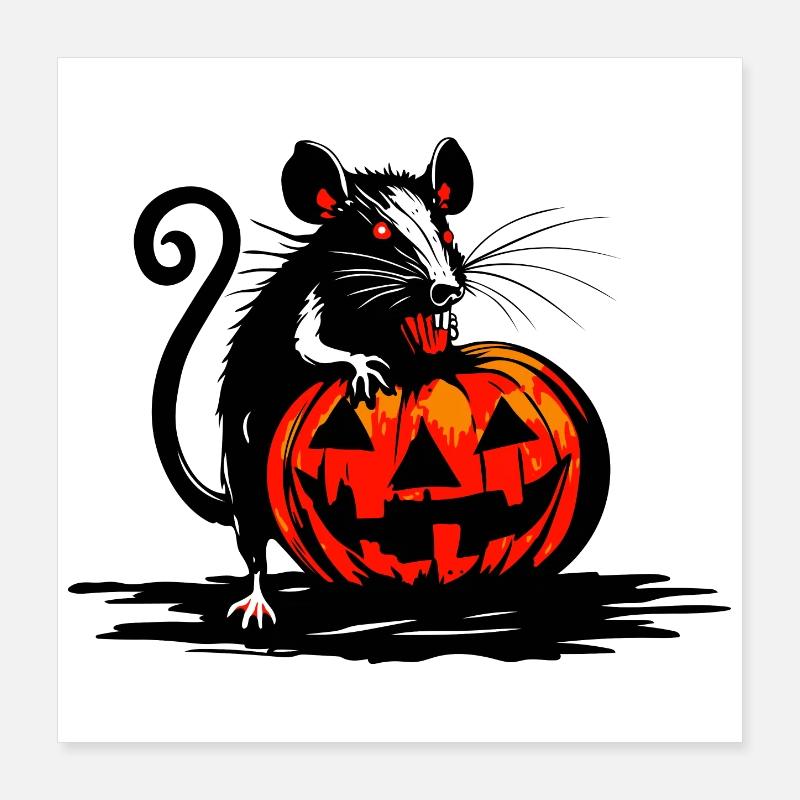 Un rat grignote une citrouille d’Halloween Poster 40 x 40 cm