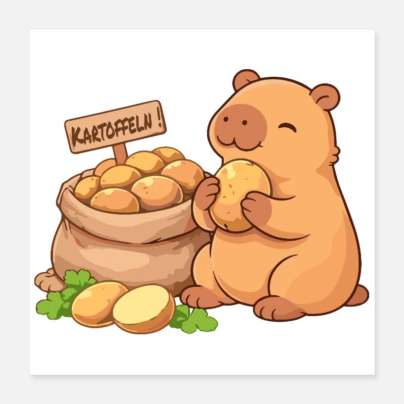 Capybara avec pommes de terre – détendu et mignon Poster 40 x 40 cm