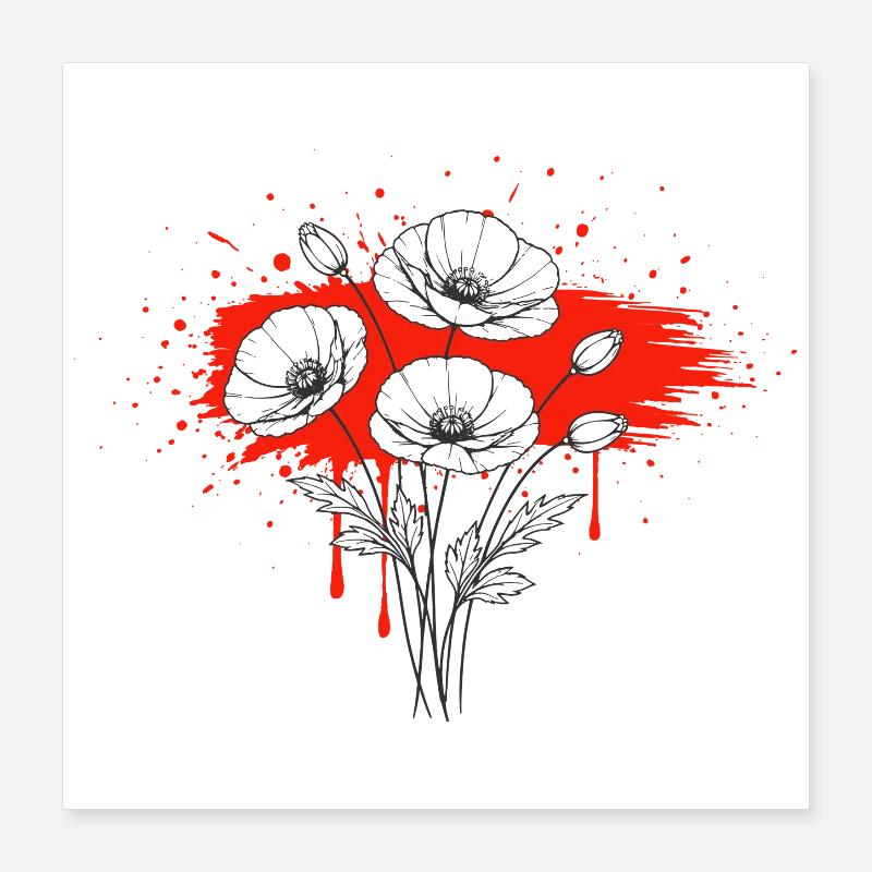 Mohnblumen Rot Schwarz Vintage Design Poster 40x40 cm