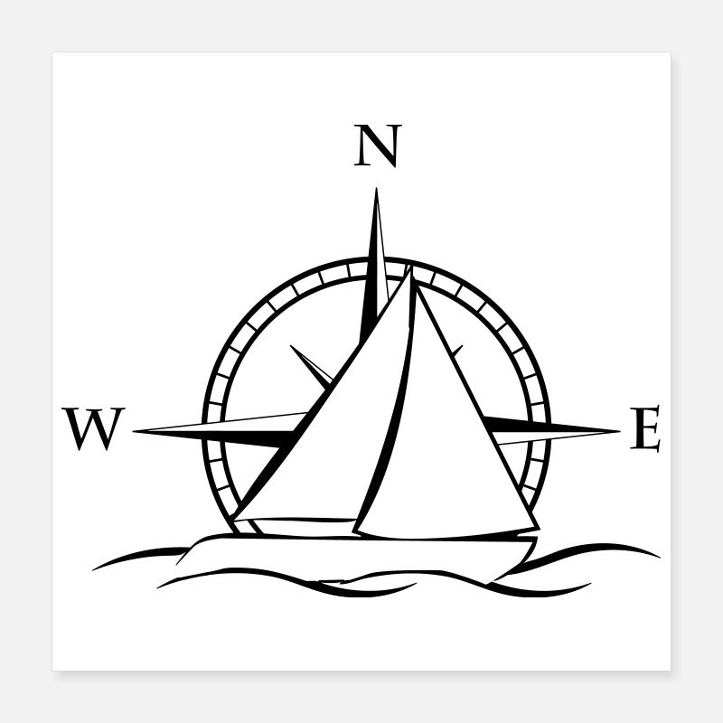 Sailboat with wind rose neutral black Poster 16" x 16" (40x40 cm)