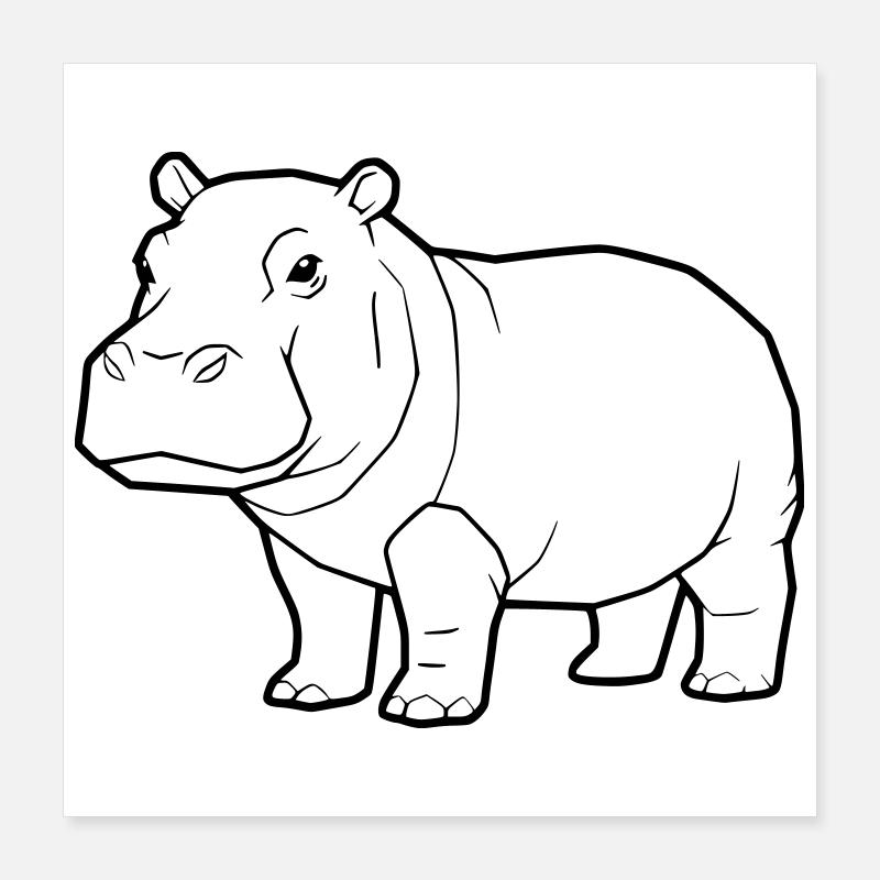 Realistic Hippopotamus Drawing Outline Poster 16" x 16" (40x40 cm)