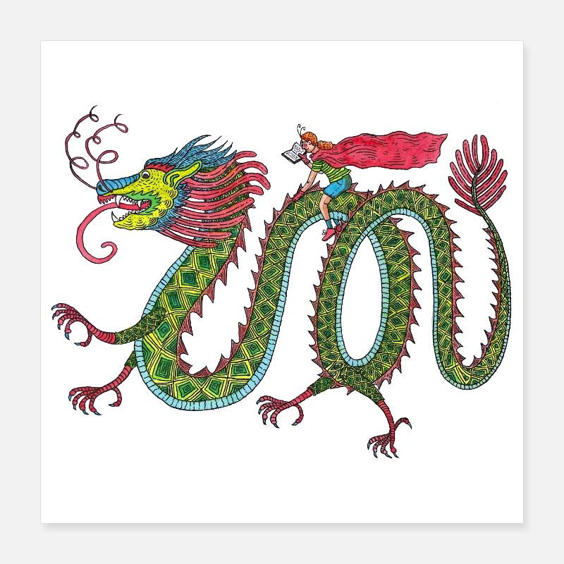 Dragon avec cavalier de lecture Poster 40 x 40 cm