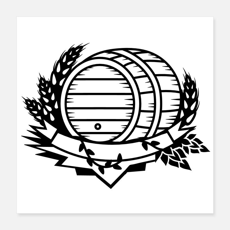 Bierfass mit Hopfen und Weizenähren Poster 40x40 cm