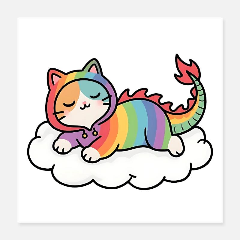 Chat dragon arc-en-ciel détendu sur nuage Poster 40 x 40 cm