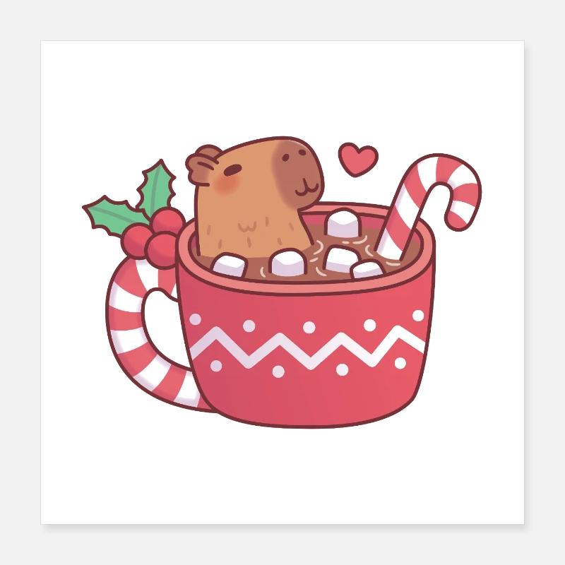 Un capybara mignon qui se détend dans un chocolat chaud avec un marshmall Poster 40 x 40 cm