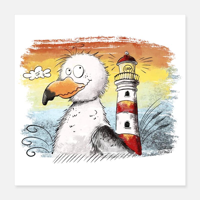 Seagull Vacances Mer Phare Coucher de soleil Poster 40 x 40 cm