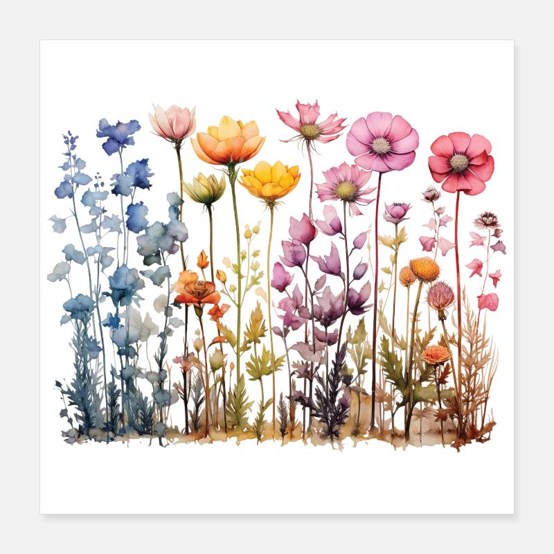 Coloré Fleur Prairie Conception d’aquarelle Poster 40 x 40 cm