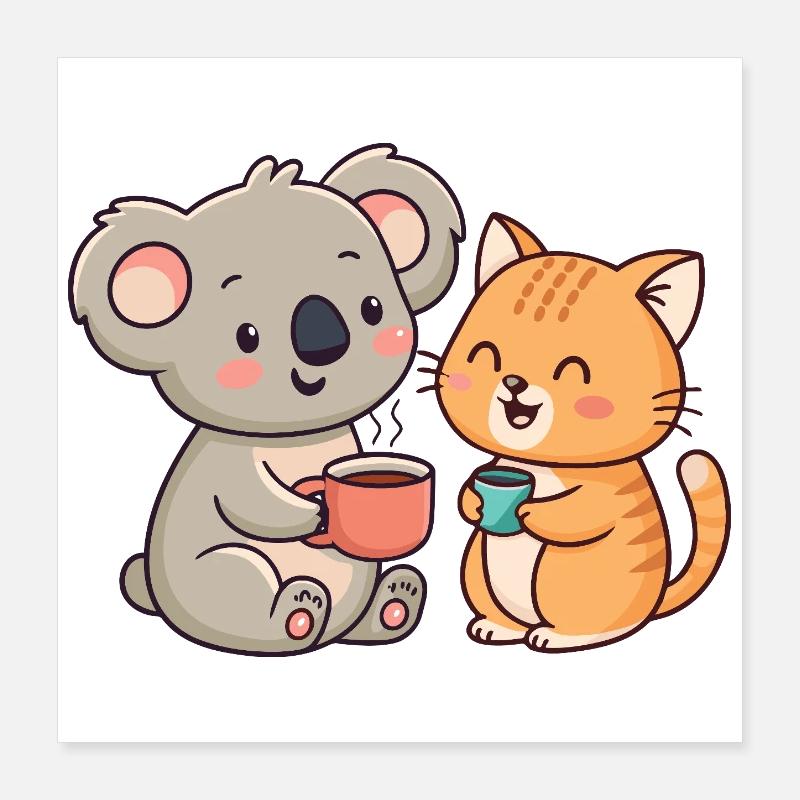 Amitié Café Koala et Chat Poster 40 x 40 cm