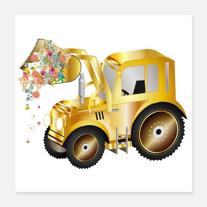 Tractor front loader with blossom flowers and greenery Poster 16" x 16" (40x40 cm)