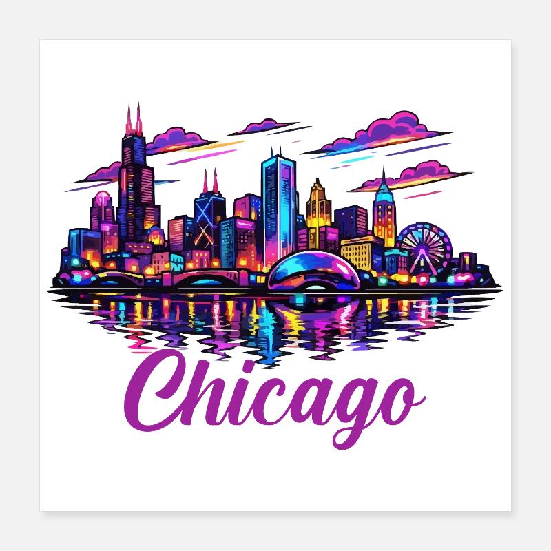 Skyline du front de mer de la ville néon de Chicago Poster 40 x 40 cm