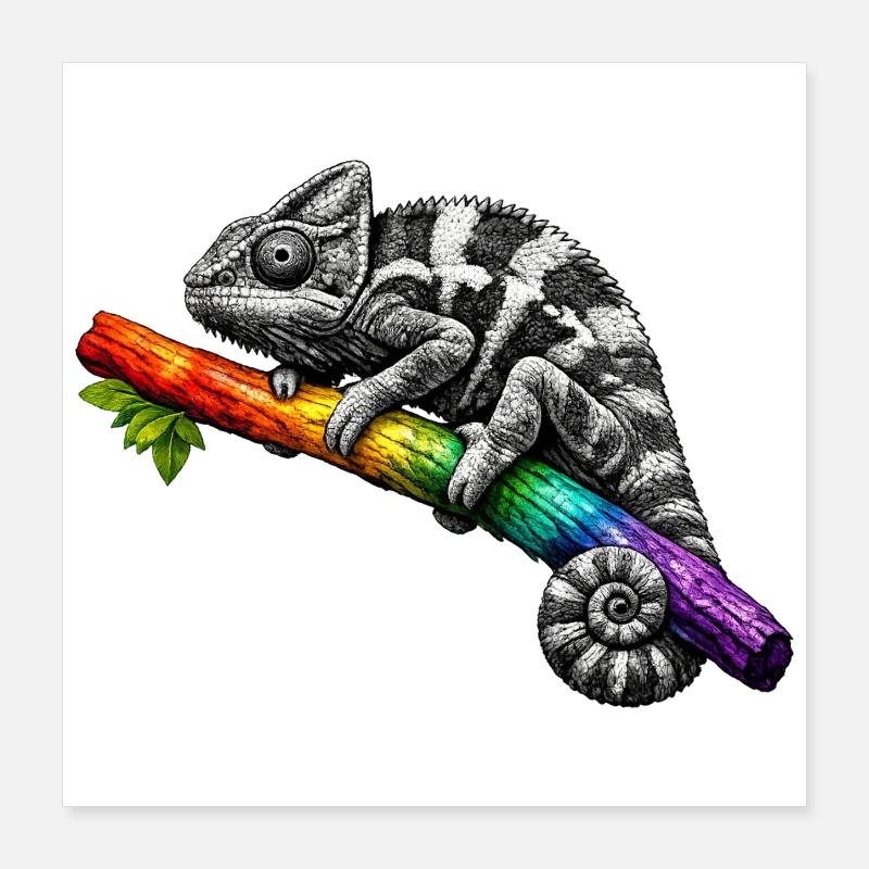 Regenbogen Chamäleon auf Ast Poster 40x40 cm