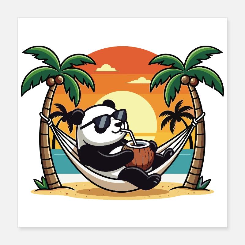 Funny Panda on Beach Hammock Summer Vacation Poster 16" x 16" (40x40 cm)