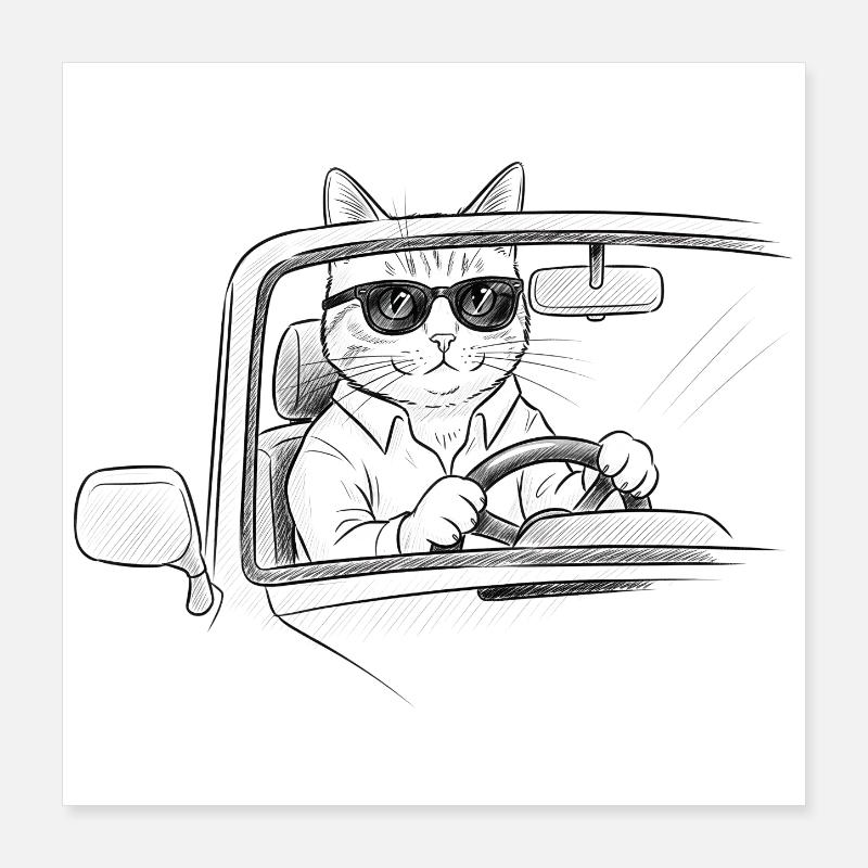 Cat drives a car - Cool kitten with sunglasses Poster 16" x 16" (40x40 cm)