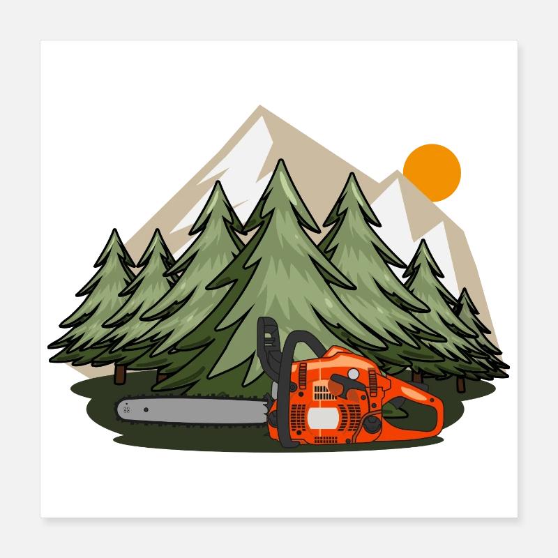 Tronçonneuse avec forêt et montagnes Poster 40 x 40 cm