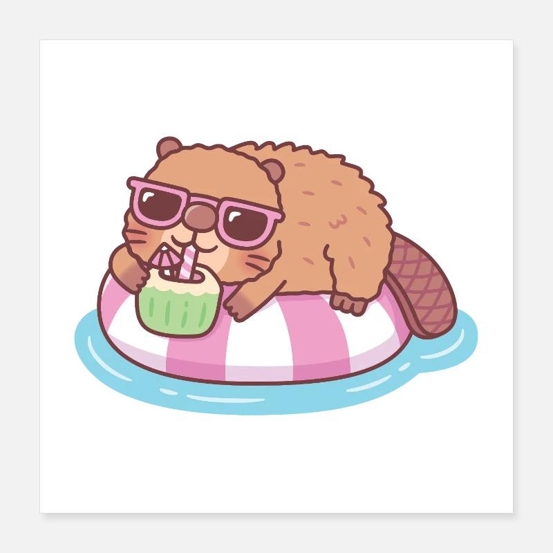 Cute Beaver Chilling On Pool Float With Coconut Poster 40 x 40 cm