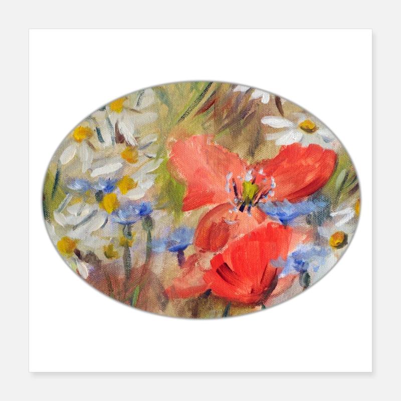 Rote Mohn- und Gänseblümchen-Wiesen-Malerei Poster 40x40 cm
