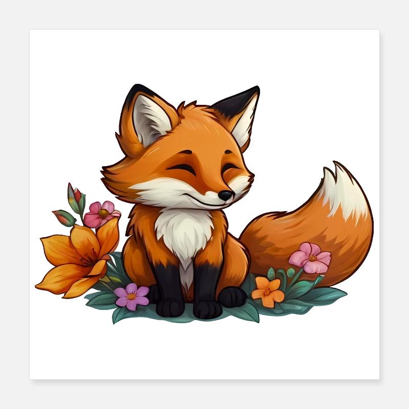 Fuchs mit Blumen - Floral Fox - Poster 40x40 cm - Weiß