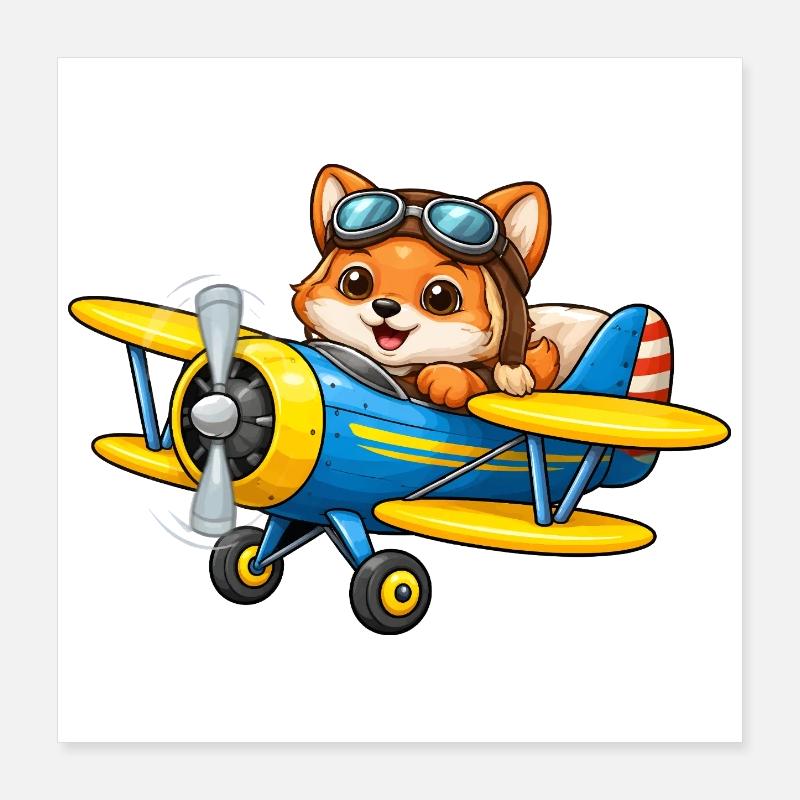 Dessin animé Fox Pilot Biplane Avion Poster 40 x 40 cm