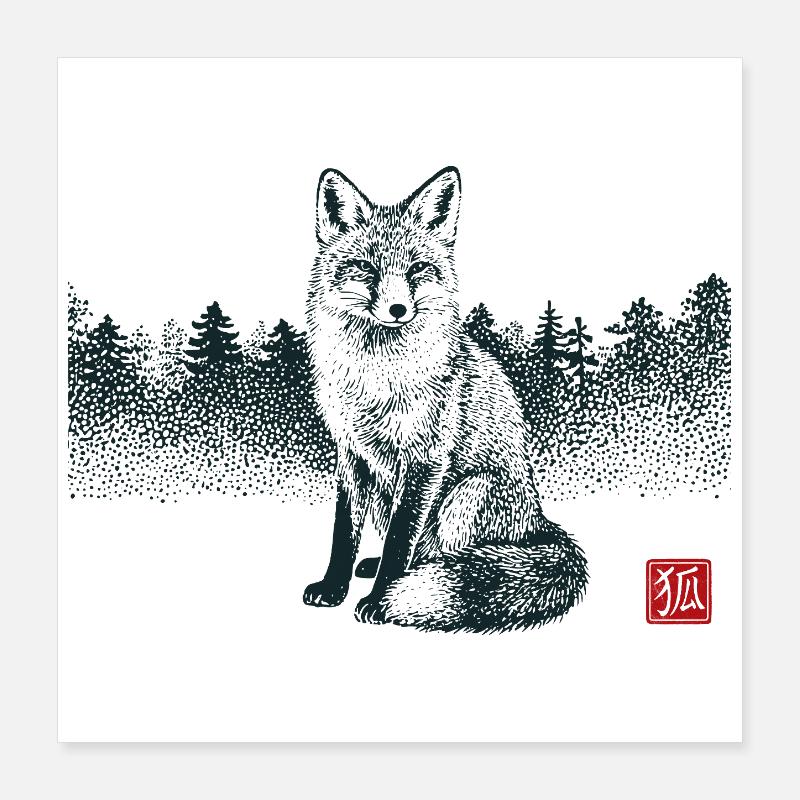Kitsune Renard avec tampon Hanko Poster 40 x 40 cm