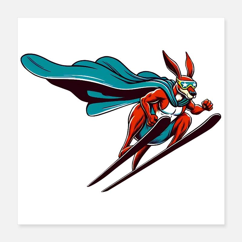 Super lapin de ski avec cape et lunettes de ski Poster 40 x 40 cm